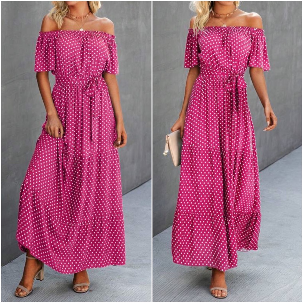 Off Shoulder Polka Dot Butterfly Sleeve Belted Maxi Dress - Picture 3 of 6
